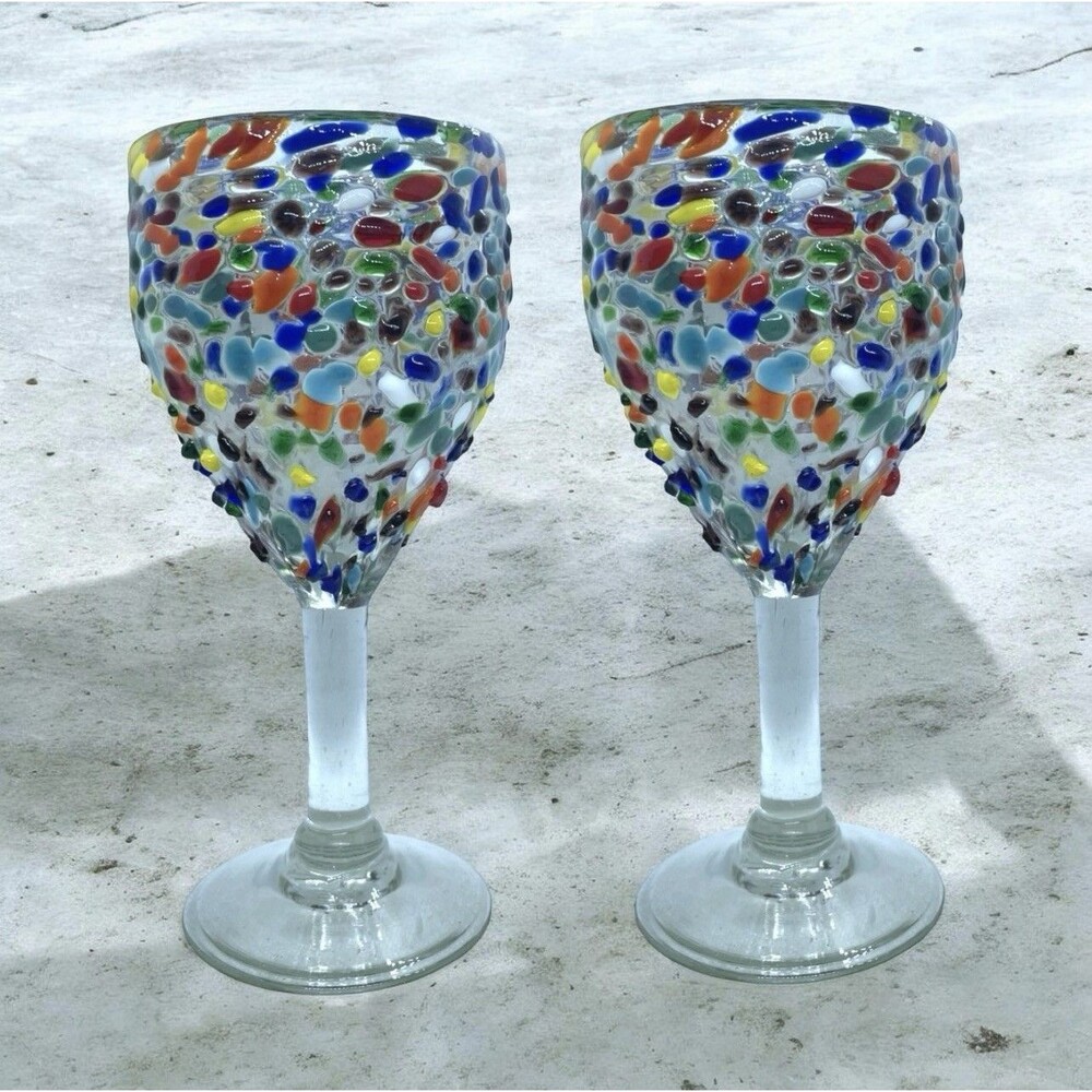 Vtg Hand Blown Colorful Pebble Textured Confetti Mexican Goblet Glasses Set Of 2